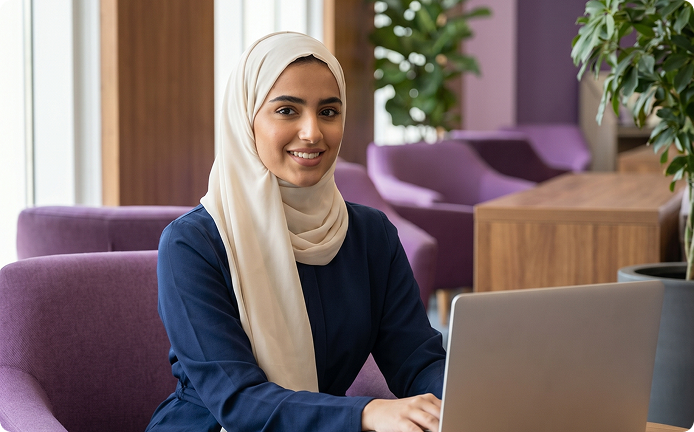 An IBTE student working on a laptop in the campus lounge